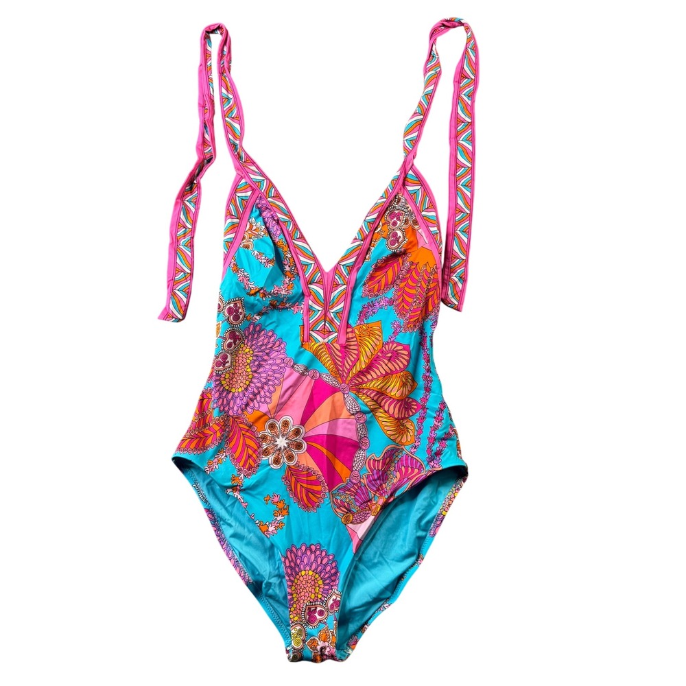 Trina Turk Womens Size 8 Floral Psychedelic One Piece Swimsuit Blue Pink
